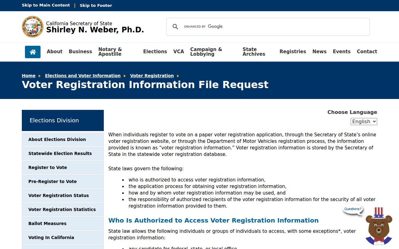 Eureka resident lookup California voter file access